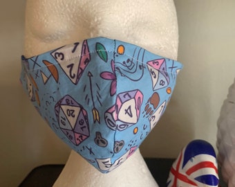 Washable Reversible Cotton Unisex Face Mask Dungeons and dragons dice Blue with adjustable elastic ear pieces (nose wire optional)