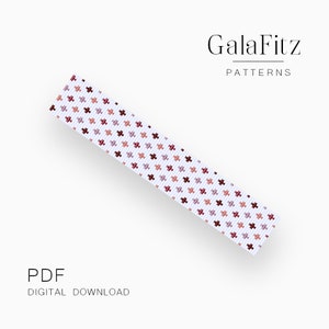 Könnte beinhalten: Digitaler PDF-Download mit einem Perlenmuster-Design. Das Muster ist ein langer, schmaler Streifen mit einem sich wiederholenden Kreuzmotiv in Burgunder, Mauve und Pfirsich auf hellblauem Hintergrund. Das GalaFitz Patterns-Logo befindet sich oben.
