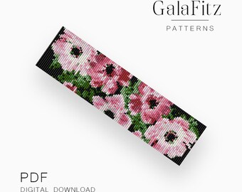 May include: A digital download PDF pattern for a beaded bracelet featuring a floral design with pink and white flowers on a black background. The pattern is titled "GalaFitz Patterns".