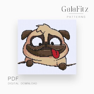 Può includere: Un modello a punto croce di un carlino dei cartoni animati con la lingua rossa. Il carlino è beige, marrone e bianco, con grandi occhi e un'espressione allegra. L'immagine include il testo "GalaFitz PATTERNS" e "PDF DIGITAL DOWNLOAD."