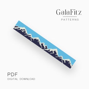 May include: A digital download pattern by GalaFitz. The design features a blue background with a pixelated mountain range in shades of navy and white. The text "PDF DIGITAL DOWNLOAD" is at the bottom.
