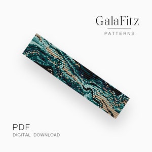 May include: A digital download PDF pattern for a beaded bracelet with a teal, green, and gold abstract design. The pattern is titled "GalaFitz Patterns".