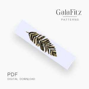 以下が含まれることがあります： 緑と黒の羽根のデザインが施されたビーズブレスレットのパターンをデジタルダウンロードできます。このパターンは「GalaFitz Patterns」というタイトルで、PDF形式で入手できます。