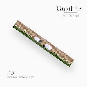 Puede incluir: Un patrón de descarga digital de GalaFitz. El diseño presenta dos ovejas blancas con caras y patas negras, pastando en un campo de hierba verde y flores blancas. El fondo es de color marrón claro. El texto "PDF DIGITAL DOWNLOAD" está en la parte inferior.
