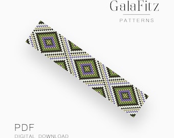 Geometric Diamond Loom Bracelet Pattern, Olive Green Lavender Bead Weaving (PDF Download)