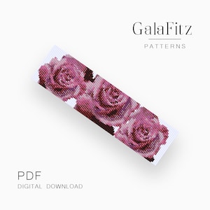 Peut inclure: Un modèle de bracelet en perles en PDF à télécharger numériquement, avec trois roses roses. Le modèle est conçu par GalaFitz Patterns.