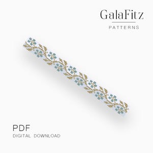 May include: A digital download PDF pattern for a beaded bracelet with a geometric design in shades of blue and gold. The pattern is titled "GalaFitz Patterns".