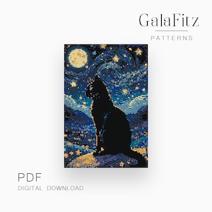 May include: A black cat silhouette sitting on a rock, looking up at a starry night sky with a large moon. The background is a blue and yellow swirling pattern reminiscent of Van Gogh's Starry Night.