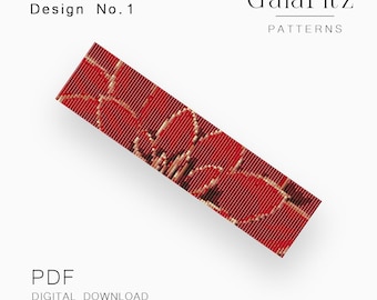 Red Dahlia Loom Bracelet Pattern, Bold Floral Beadwork with Golden Petal Lines - Design No.1