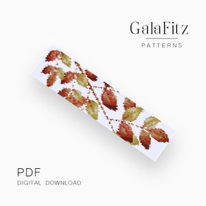 May include: A digital download pattern for a beaded bracelet featuring a design of red and green leaves. The pattern is titled "GalaFitz Patterns" and is available as a PDF.