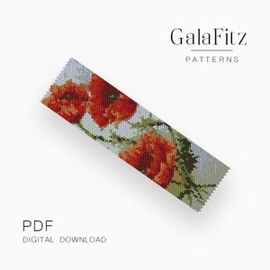 Red poppy flower even and odd count peyote bracelet making pattern, Instant download /P0195/