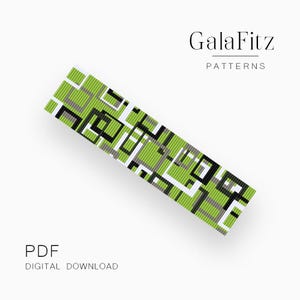 Op de afbeelding: Een rechthoekig patroon met een geometrisch ontwerp in groen, zwart, grijs en wit. De tekst "GalaFitz PATTERNS" staat bovenaan en "PDF DIGITAL DOWNLOAD" onderaan. Het patroon is schuin.