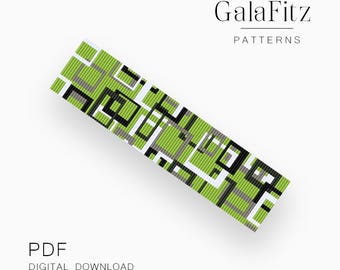 Lime Green Geometric Loom Bracelet Pattern, Abstract Square Grid Bead Design, Modern Cuff Beading Pattern
