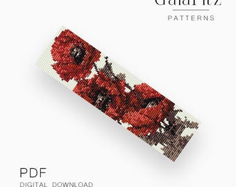 Scarlet Poppy Bloom Loom Bracelet Pattern, Realistic Floral Beadwork PDF, Elegant Botanical Jewelry Design
