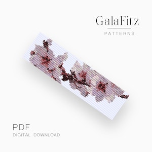 May include: A digital download PDF pattern for a beaded bracelet featuring a delicate pink and white floral design. The pattern is titled "GalaFitz Patterns".