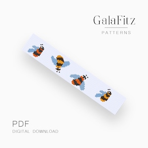 May include: A light blue and white striped pattern featuring four pixelated bees in orange, black, and yellow. The text "GalaFitz PATTERNS" is at the top, and "PDF DIGITAL DOWNLOAD" is at the bottom.