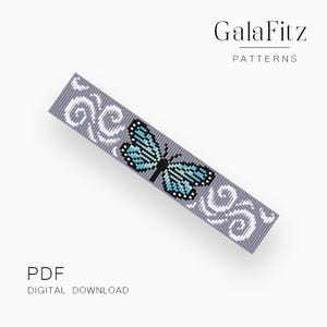 May include: A grey beaded pattern featuring a blue butterfly and white swirls. The text "GalaFitz PATTERNS" is at the top, and "PDF DIGITAL DOWNLOAD" is at the bottom. This is a digital download for a beaded pattern.