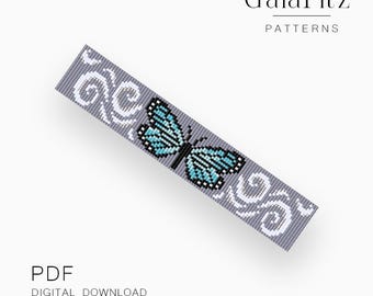 Könnte beinhalten: Ein graues Perlenmuster mit einem blauen Schmetterling und weißen Wirbeln. Der Text "GalaFitz PATTERNS" steht oben und "PDF DIGITAL DOWNLOAD" unten. Dies ist ein digitaler Download für ein Perlenmuster.