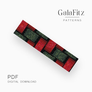 May include: A digital download PDF pattern for a beaded bracelet with a geometric design featuring red and green squares.