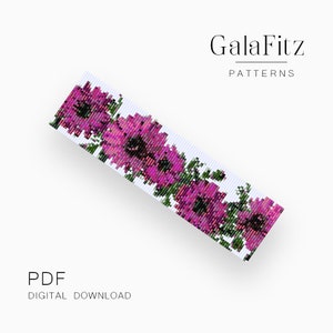 May include: A digital download PDF pattern for a beaded bracelet featuring a row of pink flowers with green leaves on a white background. The pattern is titled "GalaFitz Patterns".