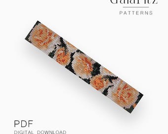 Vintage Apricot Rose Loom Bracelet Pattern PDF, Peach Floral Bead Weaving Design