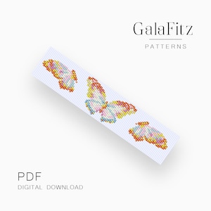 Puede incluir: Un patrón de pulsera de cuentas en PDF para descargar digitalmente, con tres mariposas coloridas. El patrón está diseñado por GalaFitz Patterns.