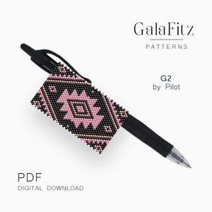 May include: A black pen with a pink and black beaded pen topper featuring a geometric design. The pen topper is a beaded pattern with a pink diamond shape in the center. The text "GalaFitz PATTERNS G2 by Pilot" is visible in the image.