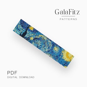 Puede incluir: Una descarga digital en PDF con un patrón de cuentas inspirado en "La noche estrellada" de Van Gogh. El diseño utiliza tonos de azul, amarillo y blanco. El logotipo de GalaFitz Patterns está en la parte superior, con "PDF DIGITAL DOWNLOAD" en la parte inferior.
