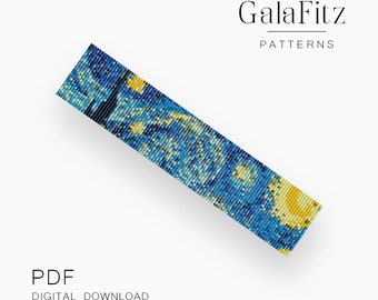 May include: A digital PDF download featuring a beaded pattern inspired by Van Gogh's "Starry Night." The design uses shades of blue, yellow, and white. The GalaFitz Patterns logo is at the top, with "PDF DIGITAL DOWNLOAD" at the bottom.