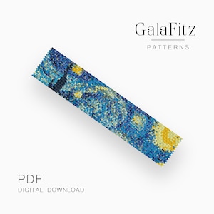Può includere: Un modello di braccialetto perline in formato PDF da scaricare digitalmente, che presenta una versione pixelata della Notte stellata di Vincent van Gogh. Il modello è stato progettato da GalaFitz Patterns.