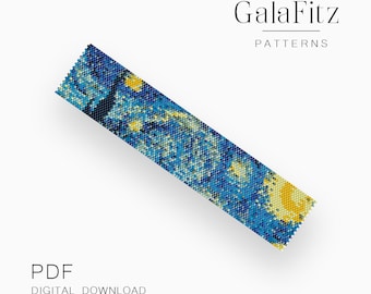 May include: A digital download PDF pattern for a beaded bracelet featuring a pixelated version of Vincent van Gogh's Starry Night painting. The pattern is designed by GalaFitz Patterns.