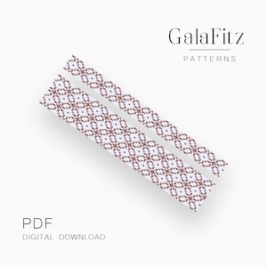 Peut inclure: Un modèle de bracelet en perles en téléchargement numérique PDF avec un fond blanc et des perles brunes dans un motif géométrique. Le modèle est intitulé "GalaFitz Patterns".