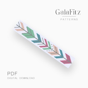 May include: A digital download PDF pattern for a beaded bracelet featuring a colorful arrow design. The pattern is for a beaded bracelet with a geometric arrow design in shades of pink, green, blue, and peach.