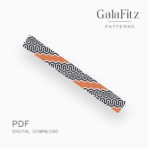 Könnte beinhalten: Ein digitaler PDF-Download mit einem geometrischen Muster. Das Design ist ein langes, schmales Band mit abwechselnden Abschnitten aus schwarzen und weißen geometrischen Formen und orangefarbenen Streifen. Der Text "GalaFitz PATTERNS" steht oben und "PDF DIGITAL DOWNLOAD" unten.