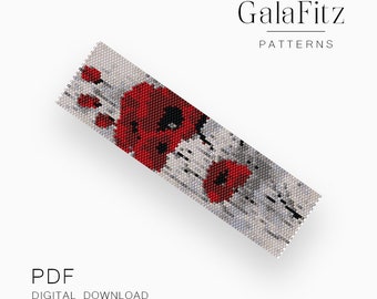 Patrón de peyote de amapolas rojas con conteo par e impar, elaboración de pulseras florales de peyote, descarga digital /P0438/