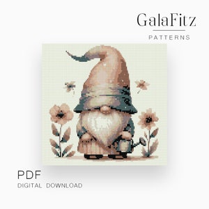 May include: A cross-stitch pattern featuring a cute gnome with a watering can, surrounded by flowers and bees. The pattern is in shades of brown, green, and blue.