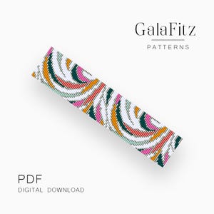 May include: A colorful beaded bracelet pattern with a white background, featuring a geometric design with curved lines in shades of orange, pink, green, and blue. The pattern is labeled "GalaFitz PATTERNS" and "PDF DIGITAL DOWNLOAD".