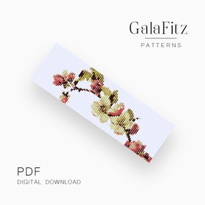May include: A digital download PDF pattern for a beaded bracelet featuring a floral design with pink, white, and green beads. The pattern is titled "GalaFitz Patterns".