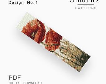 Red Poppy Peyote Bracelet Pattern PDF, Botanical Seed Bead Cuff - Even & Odd Count - Design No.1