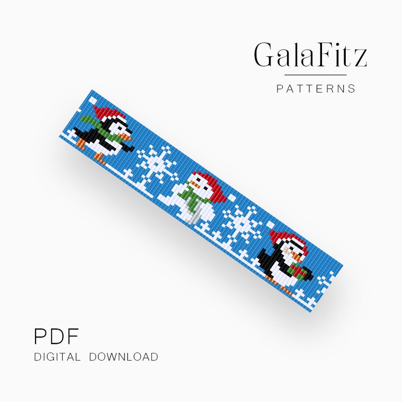 Bead loom pattern, Penguins and snowman bead loom bracelet making pattern, Christmas design /BL0018/ image 1