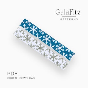 Può includere: Due modelli di perline, uno blu e bianco, l'altro bianco e verde oliva, sono visualizzati in diagonale. I modelli presentano un disegno a fiocco di neve. È visibile anche il testo "GalaFitz PATTERNS" e "PDF DIGITAL DOWNLOAD".