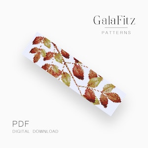 May include: A digital download PDF pattern for a beaded bracelet featuring a design of red and green leaves. The pattern is titled "GalaFitz Patterns".