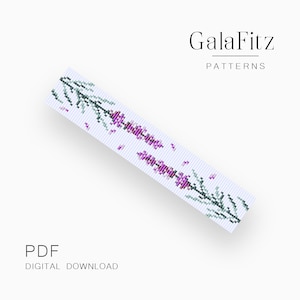 May include: A digital download PDF pattern for a beaded bracelet featuring a lavender flower design. The pattern is for a beaded bracelet with a white background and purple and green flowers.