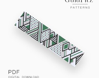 Geometric Tribal Peyote Bracelet Pattern PDF, Green Black Beading Pattern - Even & Odd Count