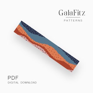 May include: A digital download PDF pattern for a beaded bracelet with a colourful abstract design featuring orange, blue, and pink colours. The pattern is titled "GalaFitz Patterns".