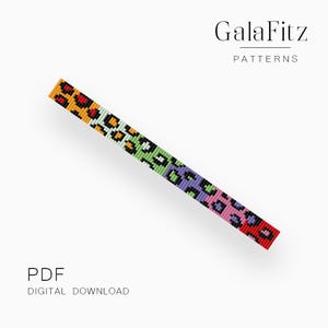 Könnte beinhalten: Ein farbenfrohes Perlenarmband mit Leopardenmuster. Das Armband zeigt ein Muster aus orangefarbenen, weißen, grünen, lila, rosa und roten Flecken. Das Bild enthält den Text "GalaFitz PATTERNS" und "PDF DIGITAL DOWNLOAD."