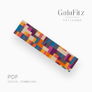 Könnte beinhalten: Ein farbenfrohes Perlenarmband-Muster mit geometrischem Design. Das Muster besteht aus Quadraten und Rechtecken in Blautönen, Orange, Gelb, Rot und Lila. Das Muster befindet sich auf einem weißen Hintergrund mit dem Text "GalaFitz PATTERNS" und "PDF DIGITAL DOWNLOAD" oben und unten im Bild.