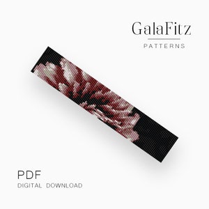 Patrón PDF para pulsera Dahlia Bloom Loom, con cuentas florales en negro y rosa empolvado.