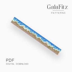 May include: A beaded pattern design showing a beach scene with blue waves and tan sand. The design is a digital download, with the text "PDF DIGITAL DOWNLOAD" at the bottom. The GalaFitz Patterns logo is at the top.
