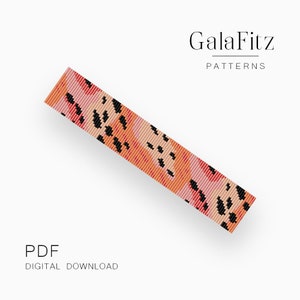 Könnte beinhalten: Rechteckiges Perlenmuster in Pfirsich-, Korallen- und Schwarztönen, mit dem Text "GalaFitz PATTERNS" und "PDF DIGITAL DOWNLOAD". Das Muster zeigt ein sich wiederholendes Design aus abstrakten Formen.